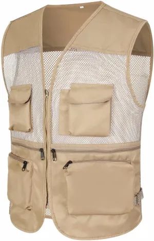 Outdoor Cargo Vest for Men Lightweight Mesh Work Safari Fishing Vests Plus Size Multi Pockets Zip Travel Hiking Vest
