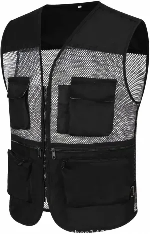 Outdoor Cargo Vest for Men Lightweight Mesh Work Safari Fishing Vests Plus Size Multi Pockets Zip Travel Hiking Vest