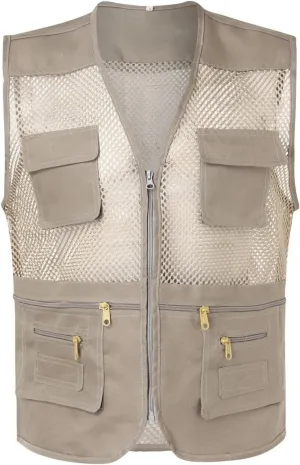 Outdoor Cargo Vest for Men Lightweight Mesh Work Safari Fishing Vests Plus Size Multi Pockets Zip Travel Hiking Vest