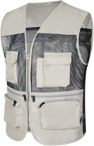 Outdoor Cargo Vest for Men Lightweight Mesh Work Safari Fishing Vests Plus Size Multi Pockets Zip Travel Hiking Vest