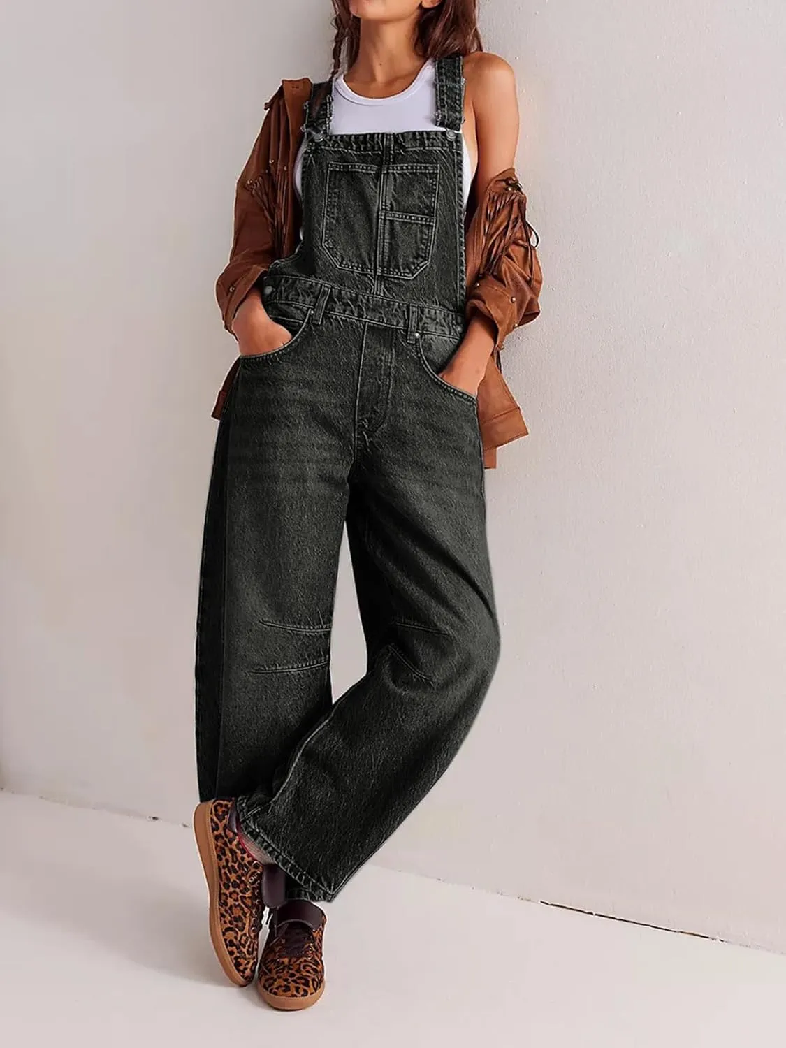 Overalls for Women Casual Adjustable Strap Baggy Denim Overalls Rompers Barrel Leg Jean Jumpsuit with Pockets