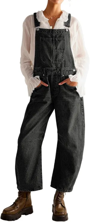 Overalls for Women Casual Adjustable Strap Baggy Denim Overalls Rompers Barrel Leg Jean Jumpsuit with Pockets
