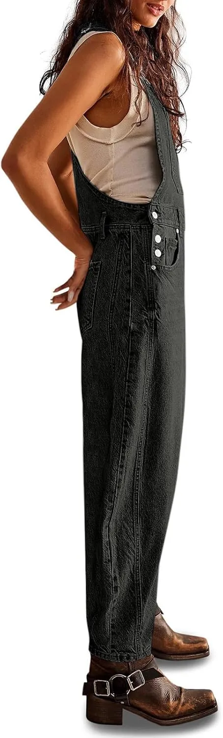 Overalls for Women Casual Adjustable Strap Baggy Denim Overalls Rompers Barrel Leg Jean Jumpsuit with Pockets