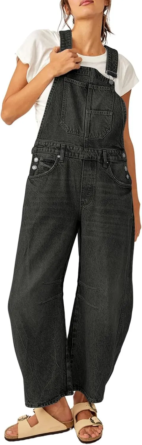 Overalls for Women Casual Adjustable Strap Baggy Denim Overalls Rompers Barrel Leg Jean Jumpsuit with Pockets