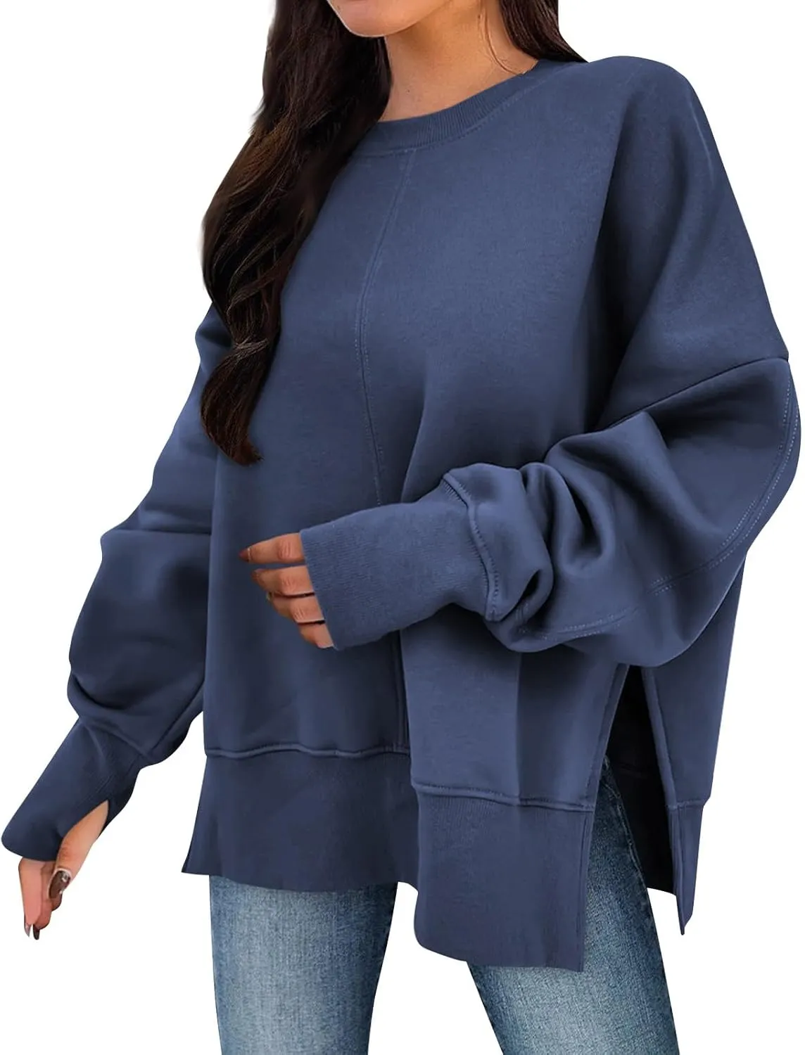Oversized Crewneck Sweatshirts Women Side Slit Sweatshirt Cute Y2k Tops Preppy Long Sleeve Sweatshirt with Thumb Holes