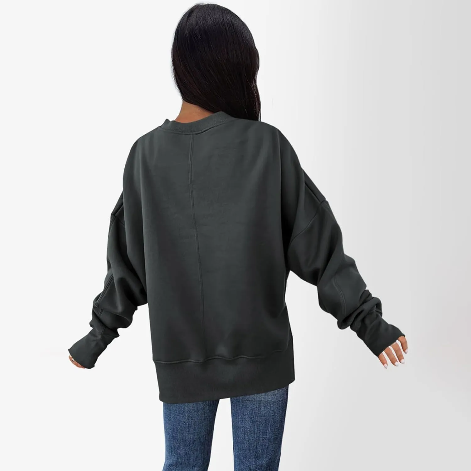 Oversized Crewneck Sweatshirts Women Side Slit Sweatshirt Cute Y2k Tops Preppy Long Sleeve Sweatshirt with Thumb Holes