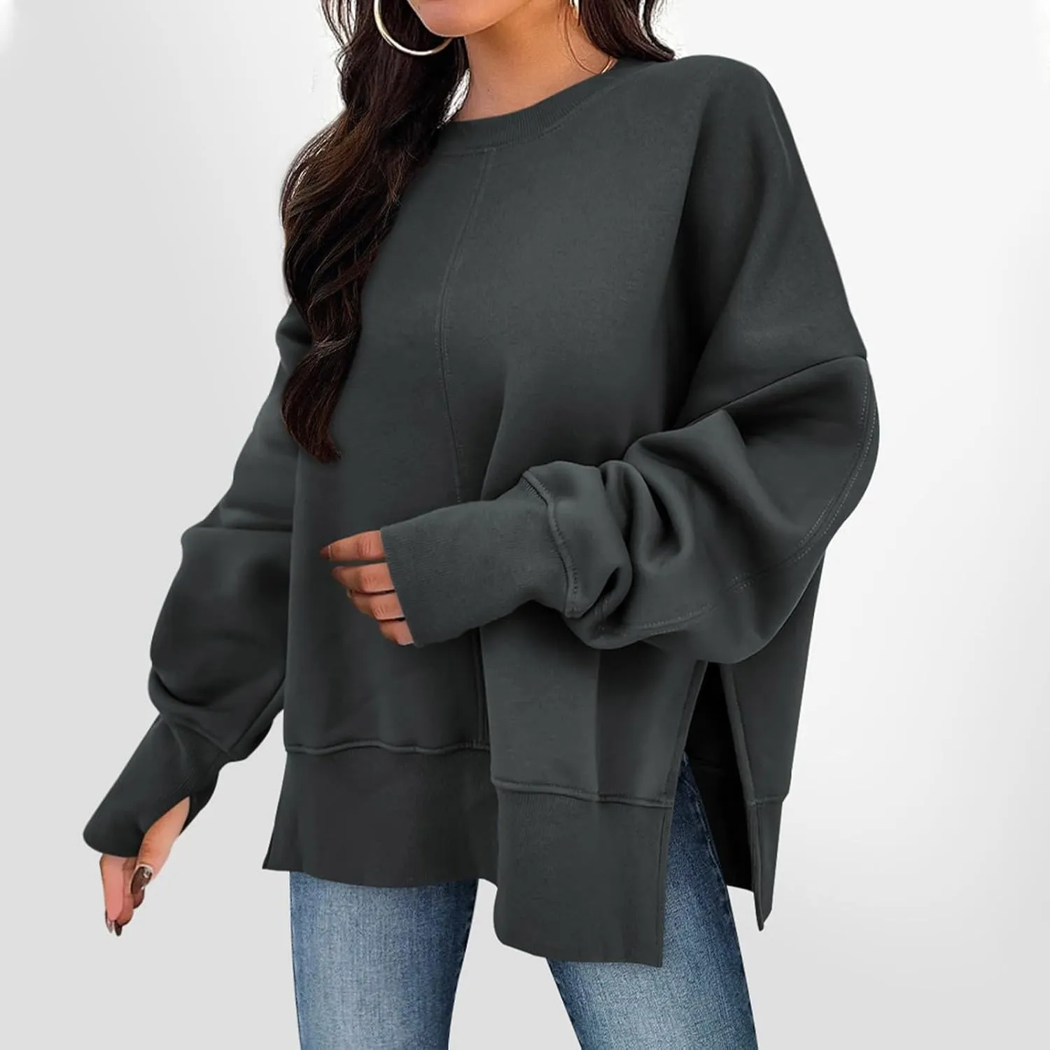 Oversized Crewneck Sweatshirts Women Side Slit Sweatshirt Cute Y2k Tops Preppy Long Sleeve Sweatshirt with Thumb Holes