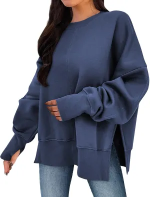 Oversized Crewneck Sweatshirts Women Side Slit Sweatshirt Cute Y2k Tops Preppy Long Sleeve Sweatshirt with Thumb Holes