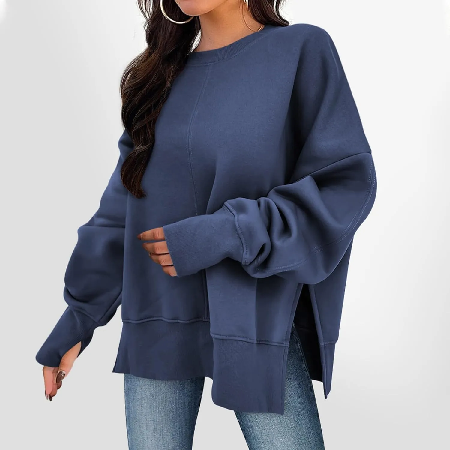 Oversized Crewneck Sweatshirts Women Side Slit Sweatshirt Cute Y2k Tops Preppy Long Sleeve Sweatshirt with Thumb Holes