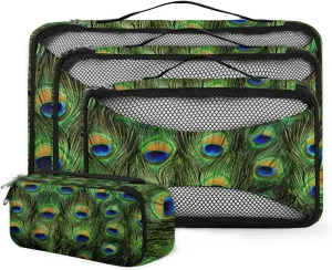 Packing Cubes 4 Pack Peacock Feather Travel Packing Bags Individual Carry on Suitcases Underwear Luggage Mesh Organizer Packing Cubes Set for Travel Bag Backpack