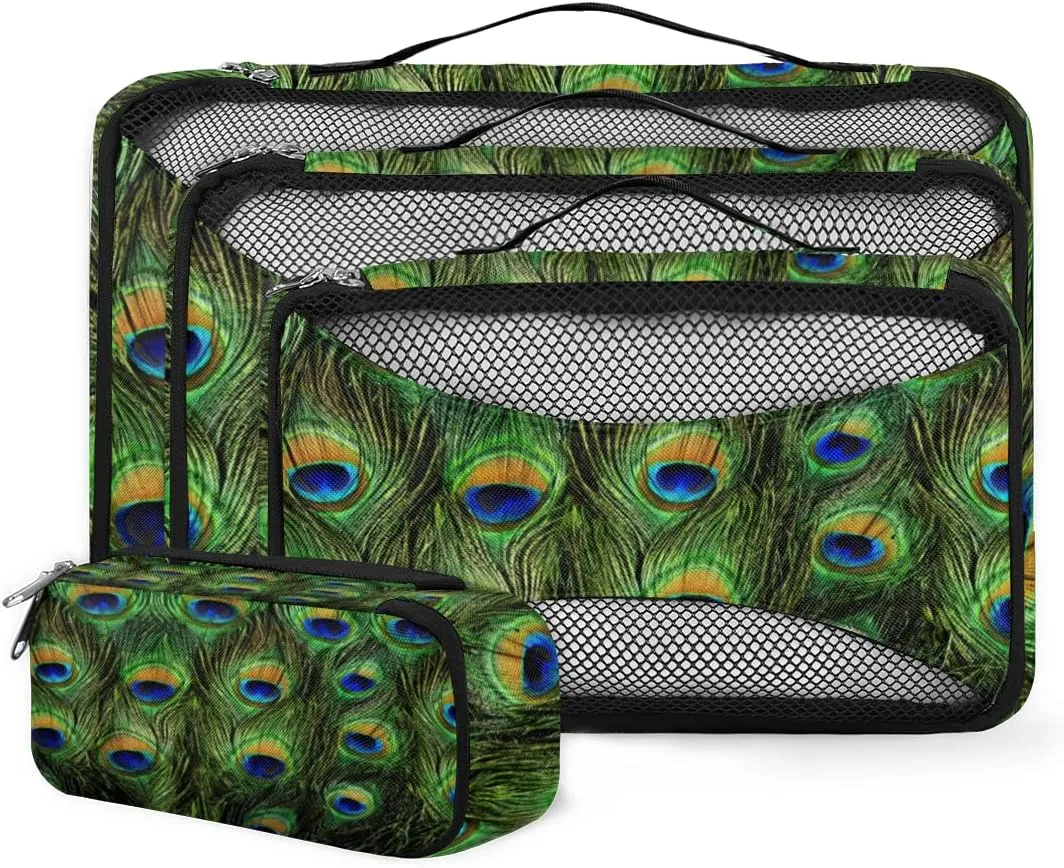 Packing Cubes 4 Pack Peacock Feather Travel Packing Bags Individual Carry on Suitcases Underwear Luggage Mesh Organizer Packing Cubes Set for Travel Bag Backpack