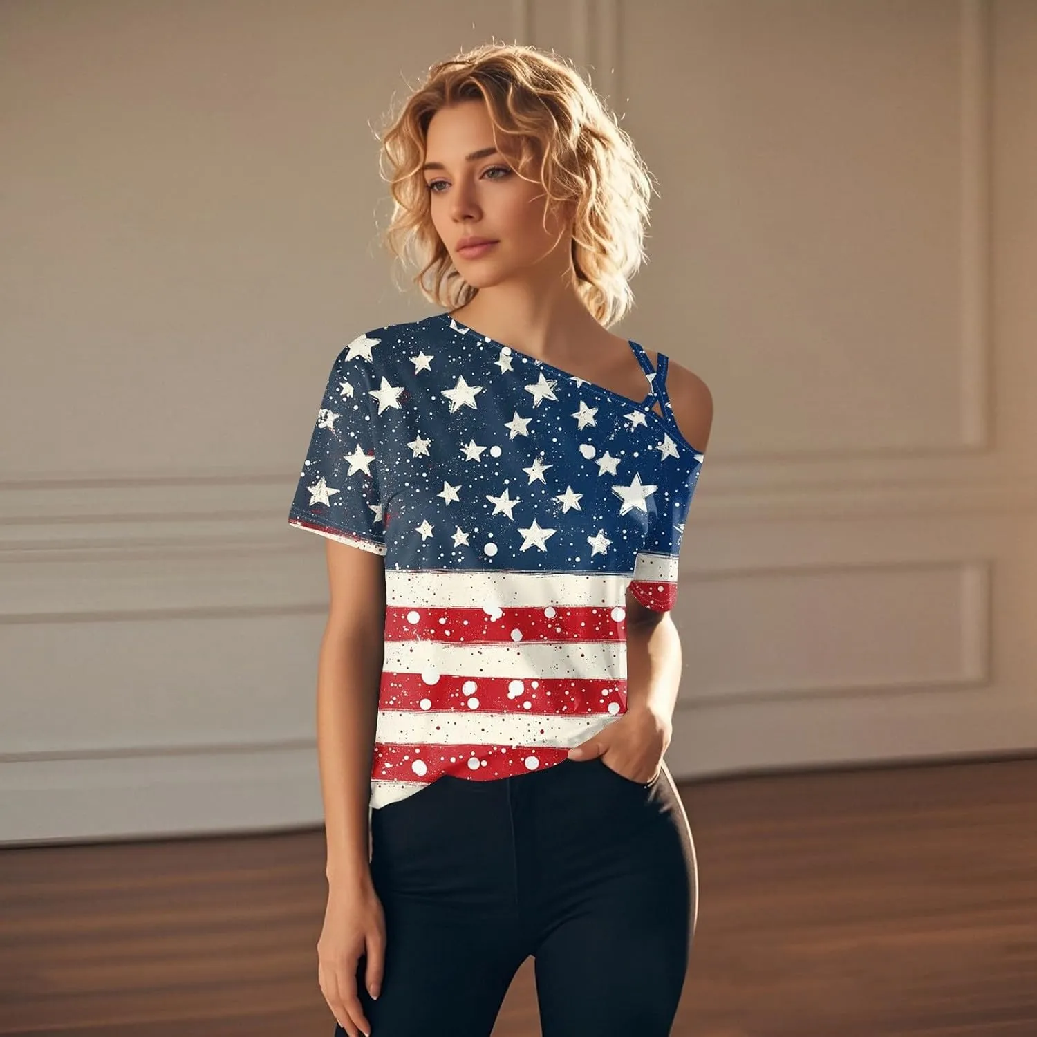Patriotic Shirts for Women,Sexy Cold Shoulder 4th of July Tops Loose Short Sleeve American Flag Independence Day Tees