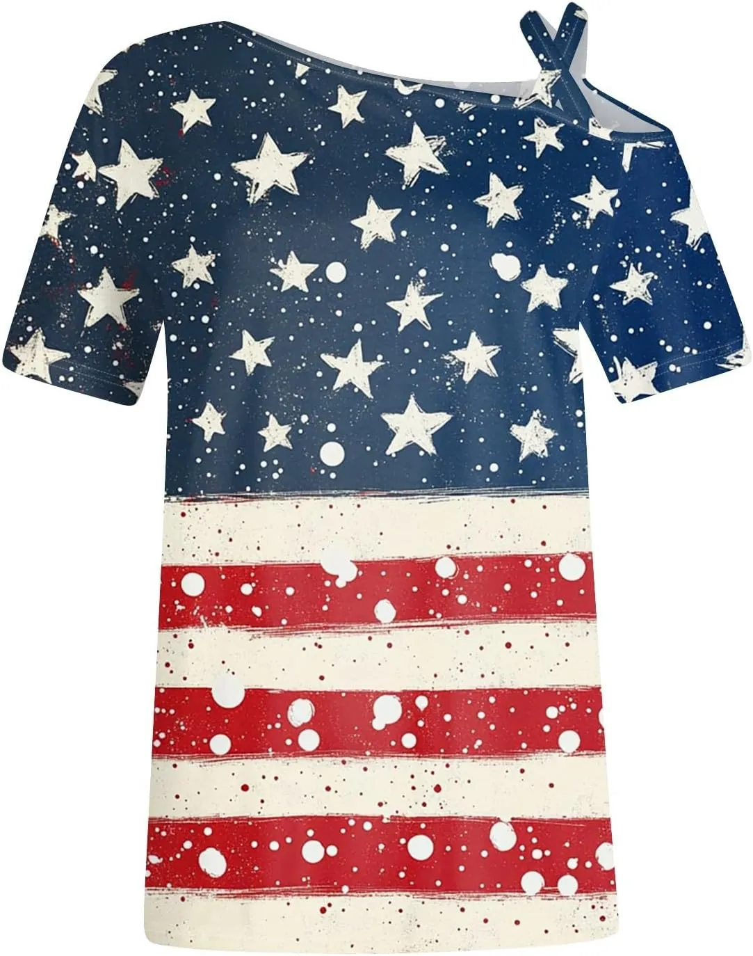 Patriotic Shirts for Women,Sexy Cold Shoulder 4th of July Tops Loose Short Sleeve American Flag Independence Day Tees