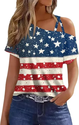 Patriotic Shirts for Women,Sexy Cold Shoulder 4th of July Tops Loose Short Sleeve American Flag Independence Day Tees