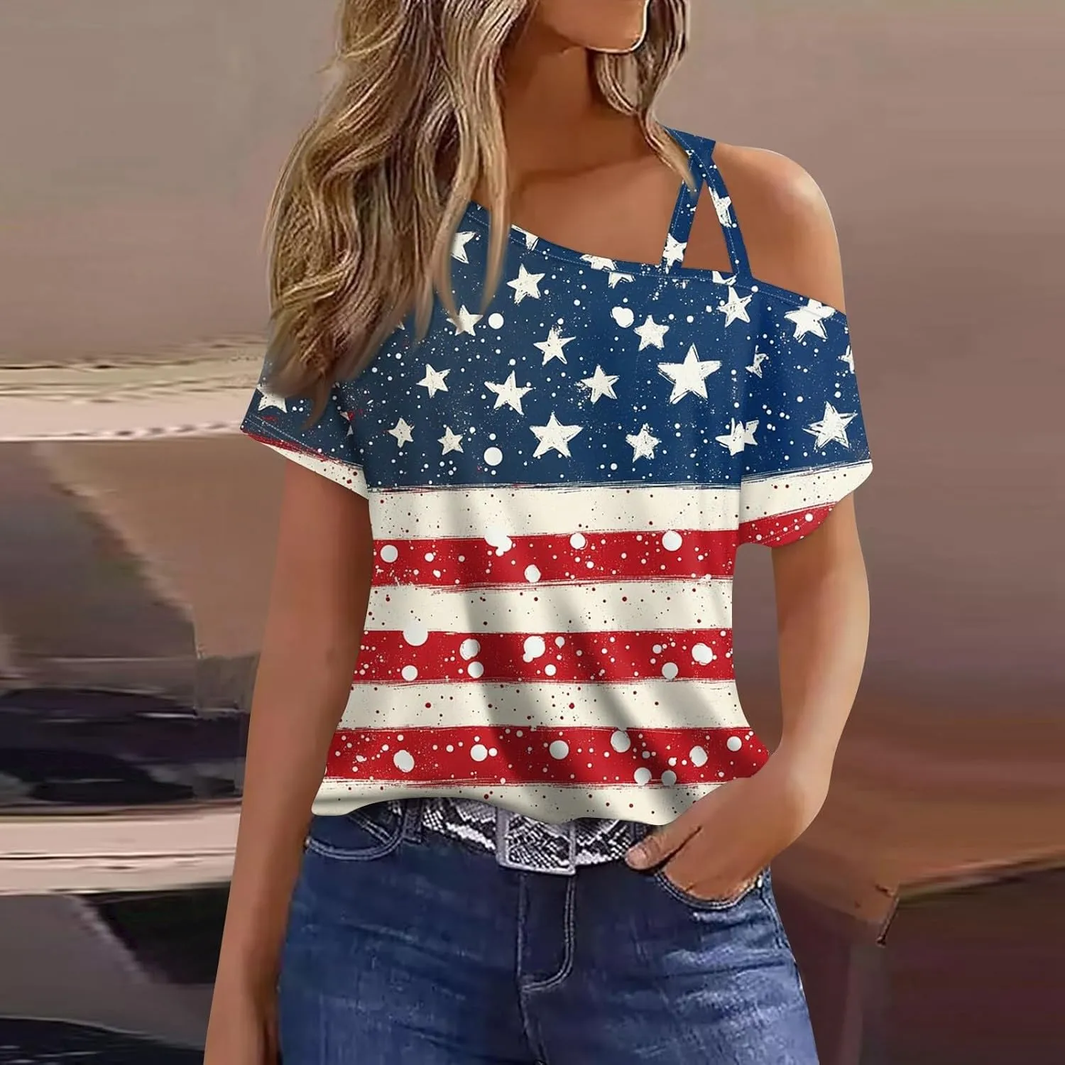 Patriotic Shirts for Women,Sexy Cold Shoulder 4th of July Tops Loose Short Sleeve American Flag Independence Day Tees