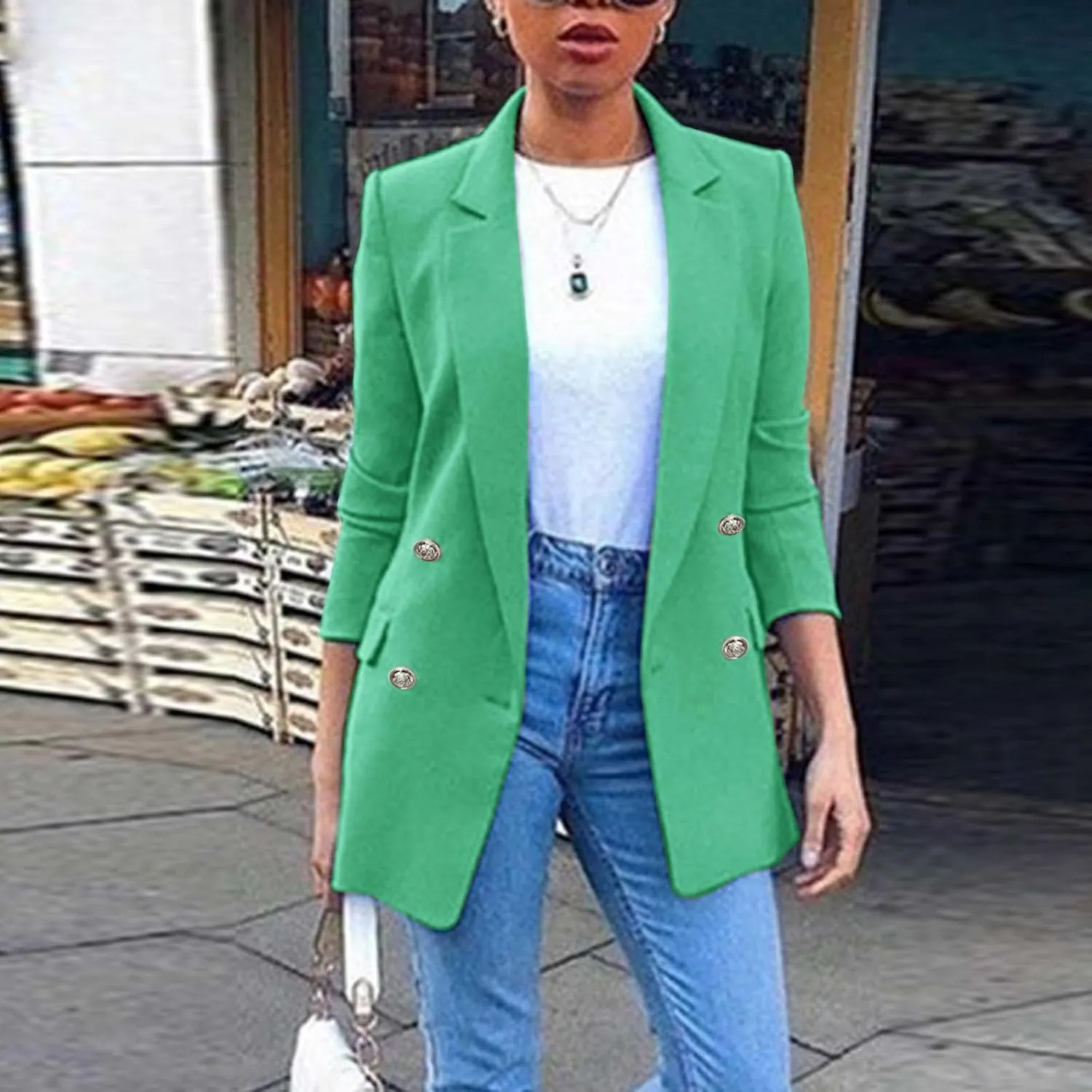 PeQAQ Womens Casual Blazer Jacket Pockets Long Sleeve Open Front Long Work Suit Jackets 2023 Office Blazer Lapel Button Coats