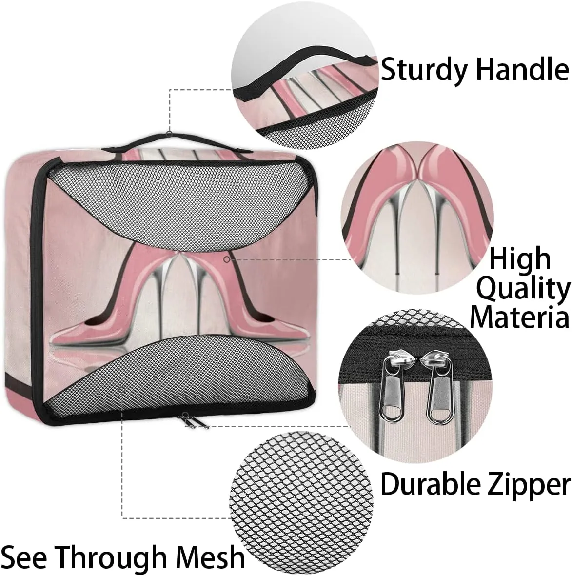 Pink High Heel Butterfly Packing Cubes 4 Pack Travel Packing Bags Individual Carry on Suitcases Underwear Luggage Mesh Organizer Packing Cubes Set for Travel Bag Backpack