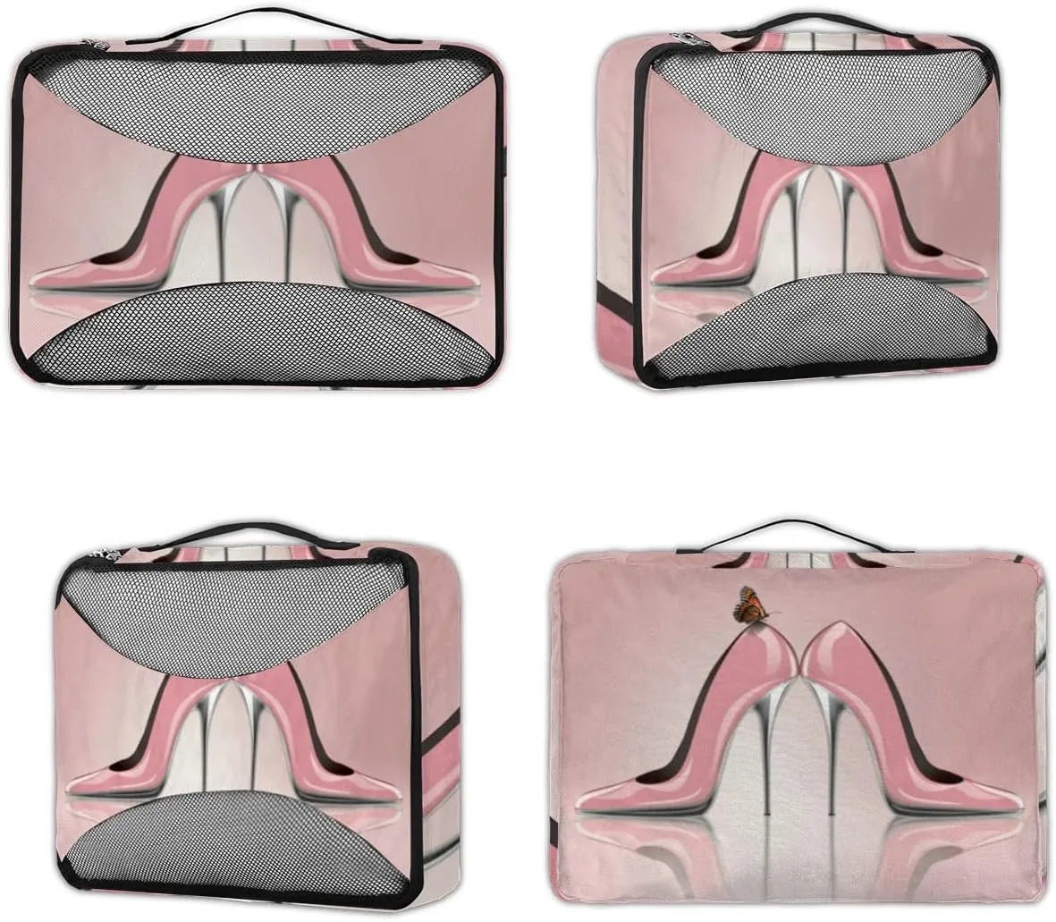 Pink High Heel Butterfly Packing Cubes 4 Pack Travel Packing Bags Individual Carry on Suitcases Underwear Luggage Mesh Organizer Packing Cubes Set for Travel Bag Backpack
