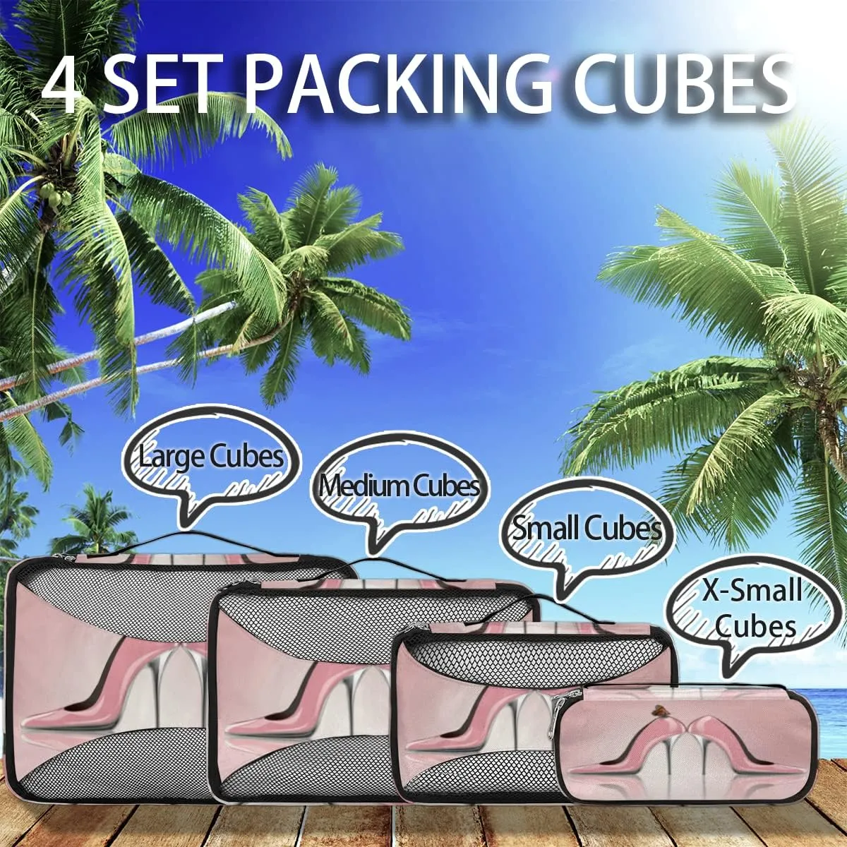 Pink High Heel Butterfly Packing Cubes 4 Pack Travel Packing Bags Individual Carry on Suitcases Underwear Luggage Mesh Organizer Packing Cubes Set for Travel Bag Backpack