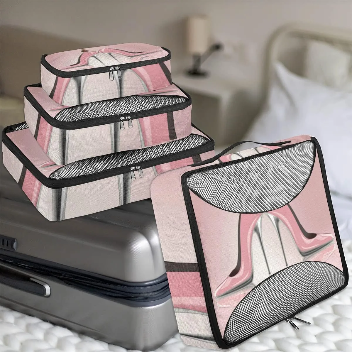 Pink High Heel Butterfly Packing Cubes 4 Pack Travel Packing Bags Individual Carry on Suitcases Underwear Luggage Mesh Organizer Packing Cubes Set for Travel Bag Backpack