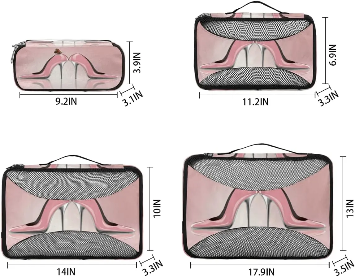 Pink High Heel Butterfly Packing Cubes 4 Pack Travel Packing Bags Individual Carry on Suitcases Underwear Luggage Mesh Organizer Packing Cubes Set for Travel Bag Backpack