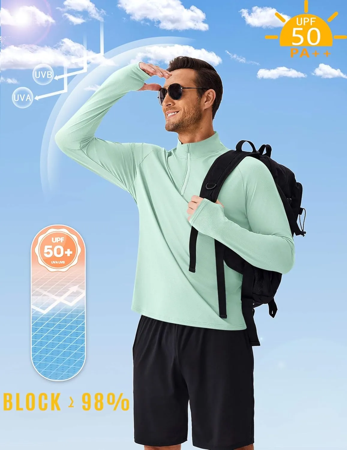 PINSPARK Mens Pullover Quarter Zip Lightweight UPF 50  Rash Guard Long Sleeve Beach Shirts Quick Dry Athletic Workout Shirts