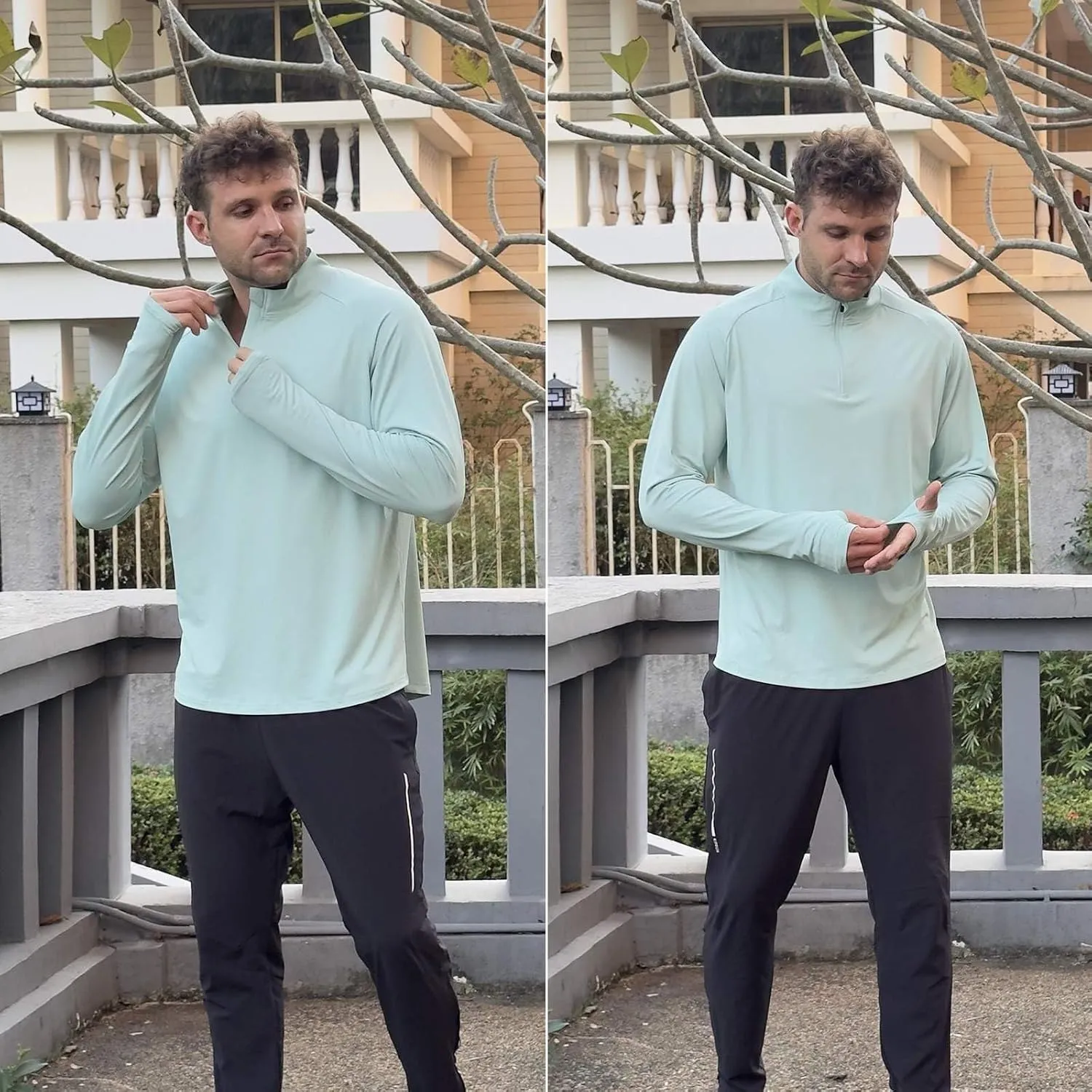 PINSPARK Mens Pullover Quarter Zip Lightweight UPF 50  Rash Guard Long Sleeve Beach Shirts Quick Dry Athletic Workout Shirts