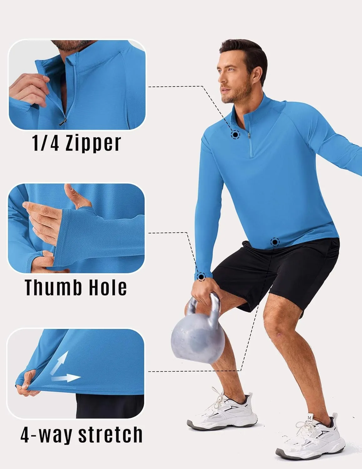 PINSPARK Mens Pullover Quarter Zip Lightweight UPF 50  Rash Guard Long Sleeve Beach Shirts Quick Dry Athletic Workout Shirts