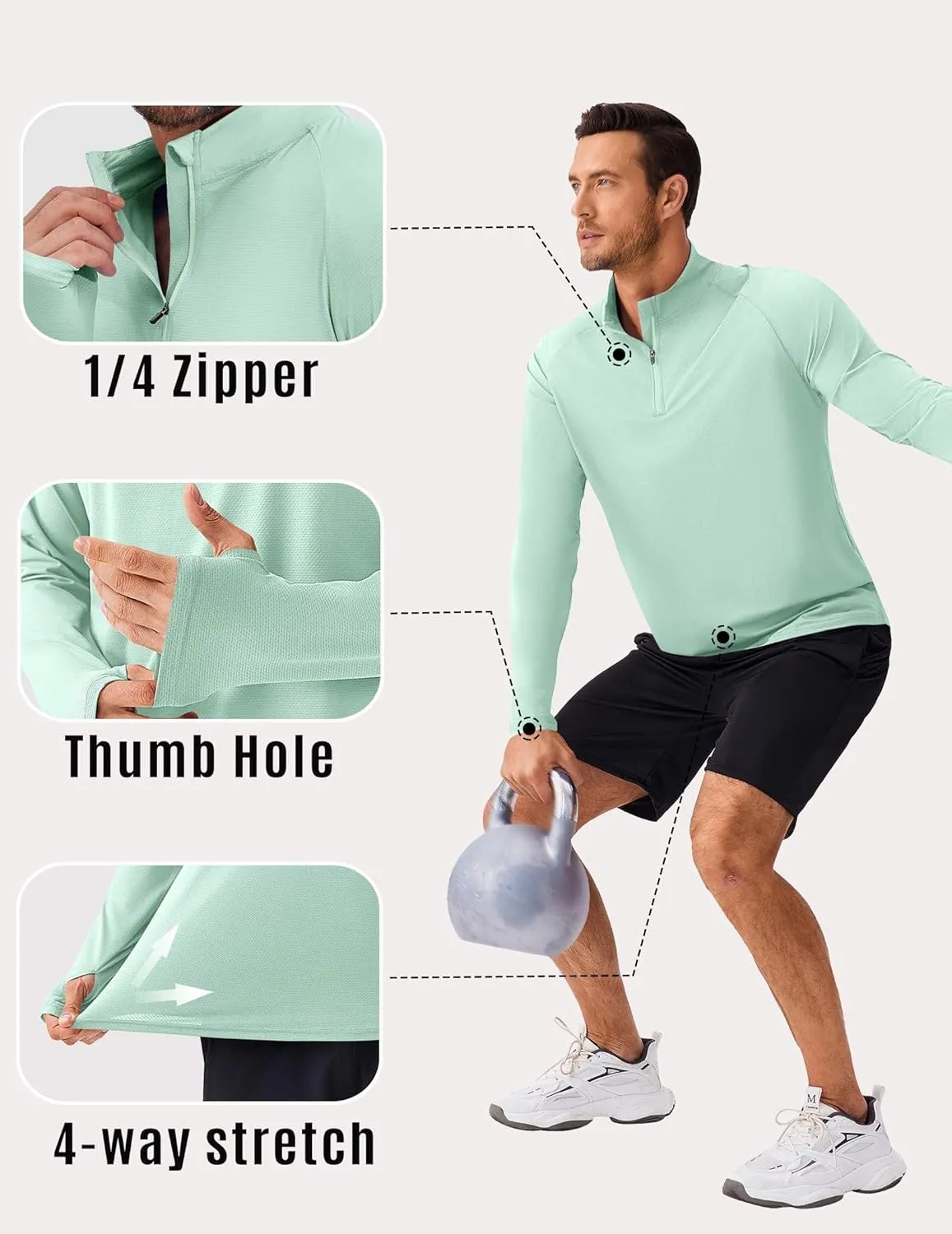 PINSPARK Mens Pullover Quarter Zip Lightweight UPF 50  Rash Guard Long Sleeve Beach Shirts Quick Dry Athletic Workout Shirts