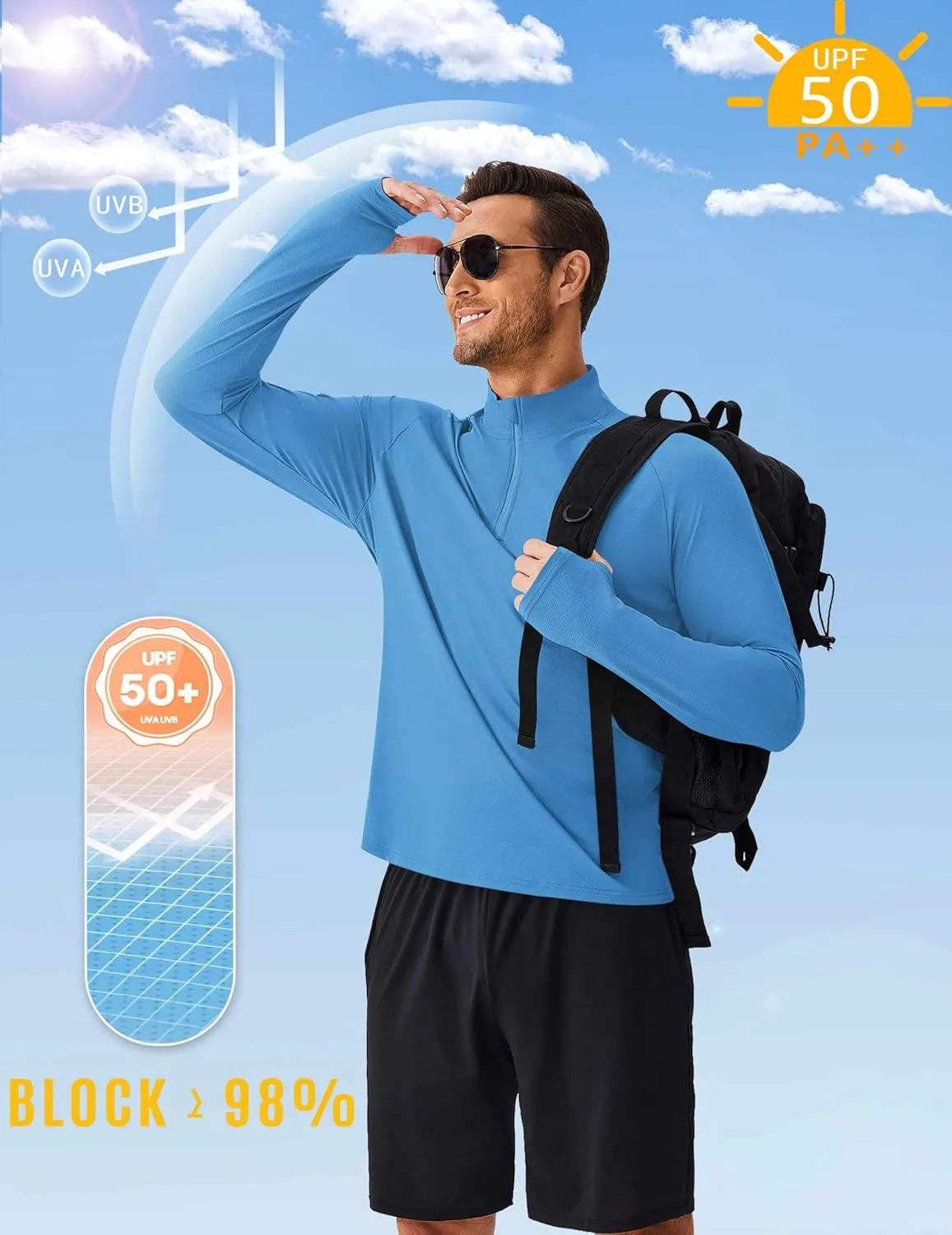 PINSPARK Mens Pullover Quarter Zip Lightweight UPF 50  Rash Guard Long Sleeve Beach Shirts Quick Dry Athletic Workout Shirts