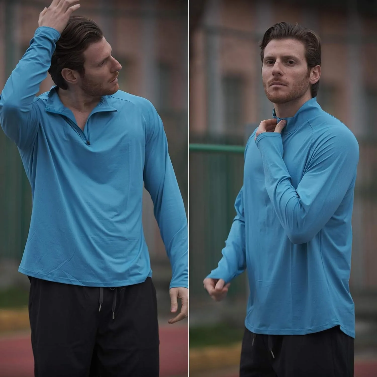 PINSPARK Mens Pullover Quarter Zip Lightweight UPF 50  Rash Guard Long Sleeve Beach Shirts Quick Dry Athletic Workout Shirts