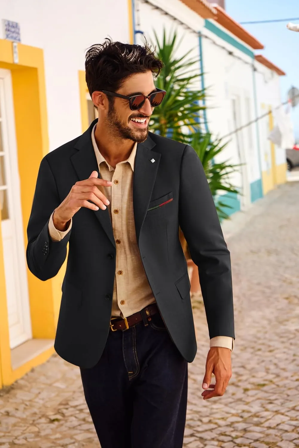 PJ PAUL JONES Mens Blazer Lightweight Sport Coats Casual Two Buttons Notched Lapel Suit Jacket with Removable Brooch