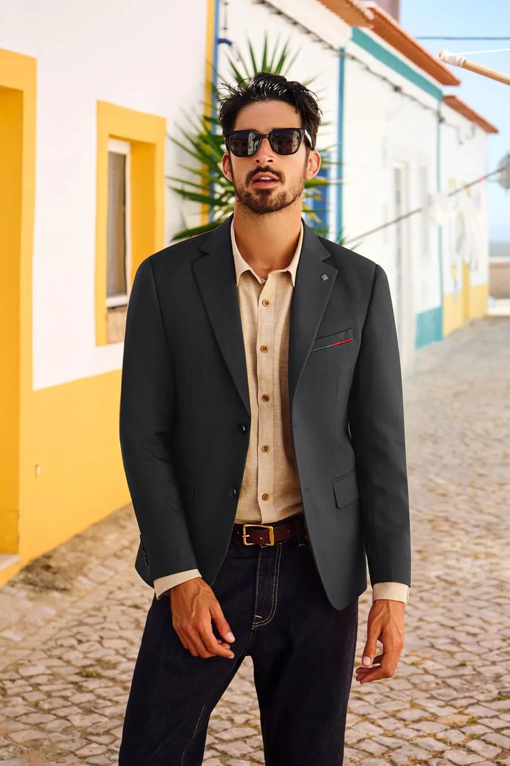 PJ PAUL JONES Mens Blazer Lightweight Sport Coats Casual Two Buttons Notched Lapel Suit Jacket with Removable Brooch