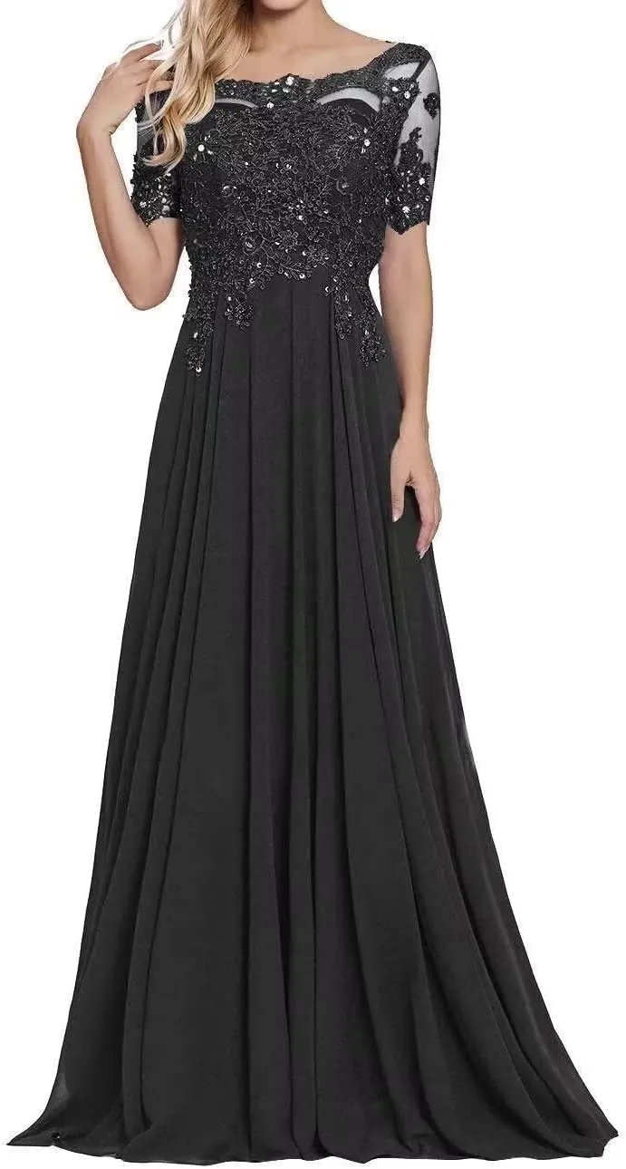 Plus Size Chiffon Mother of The Groom Dresses with Sleeves Floor Length A Line Lace Appliques Formal Evening Gown
