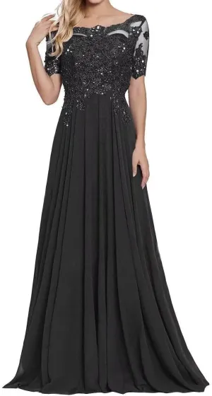 Plus Size Chiffon Mother of The Groom Dresses with Sleeves Floor Length A Line Lace Appliques Formal Evening Gown