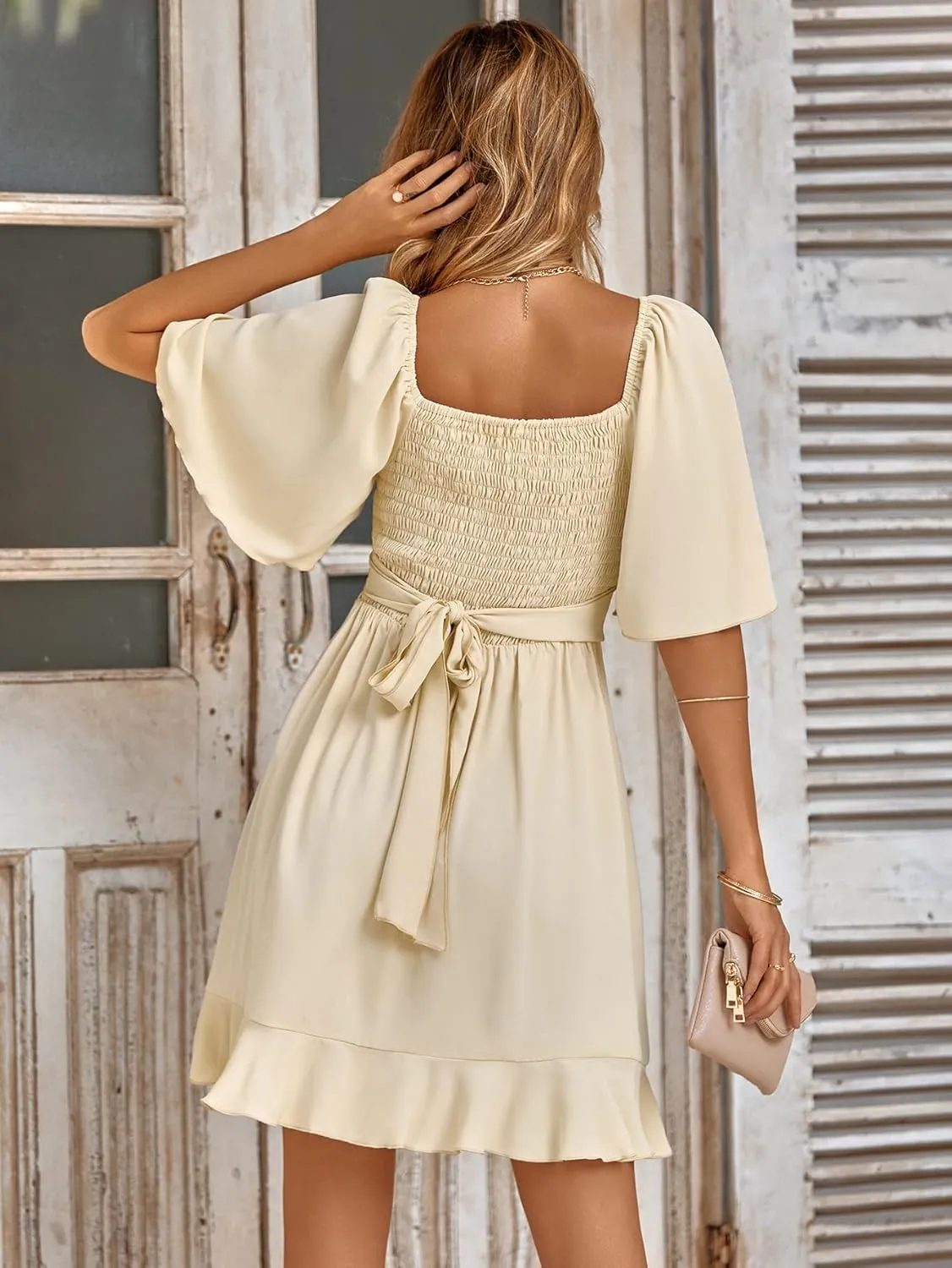 Plustrong Womens Summer Wrap V Neck Short Flare Sleeve Mini Dress Smocked Ruffle Hem Cocktail Wedding Guest Dress
