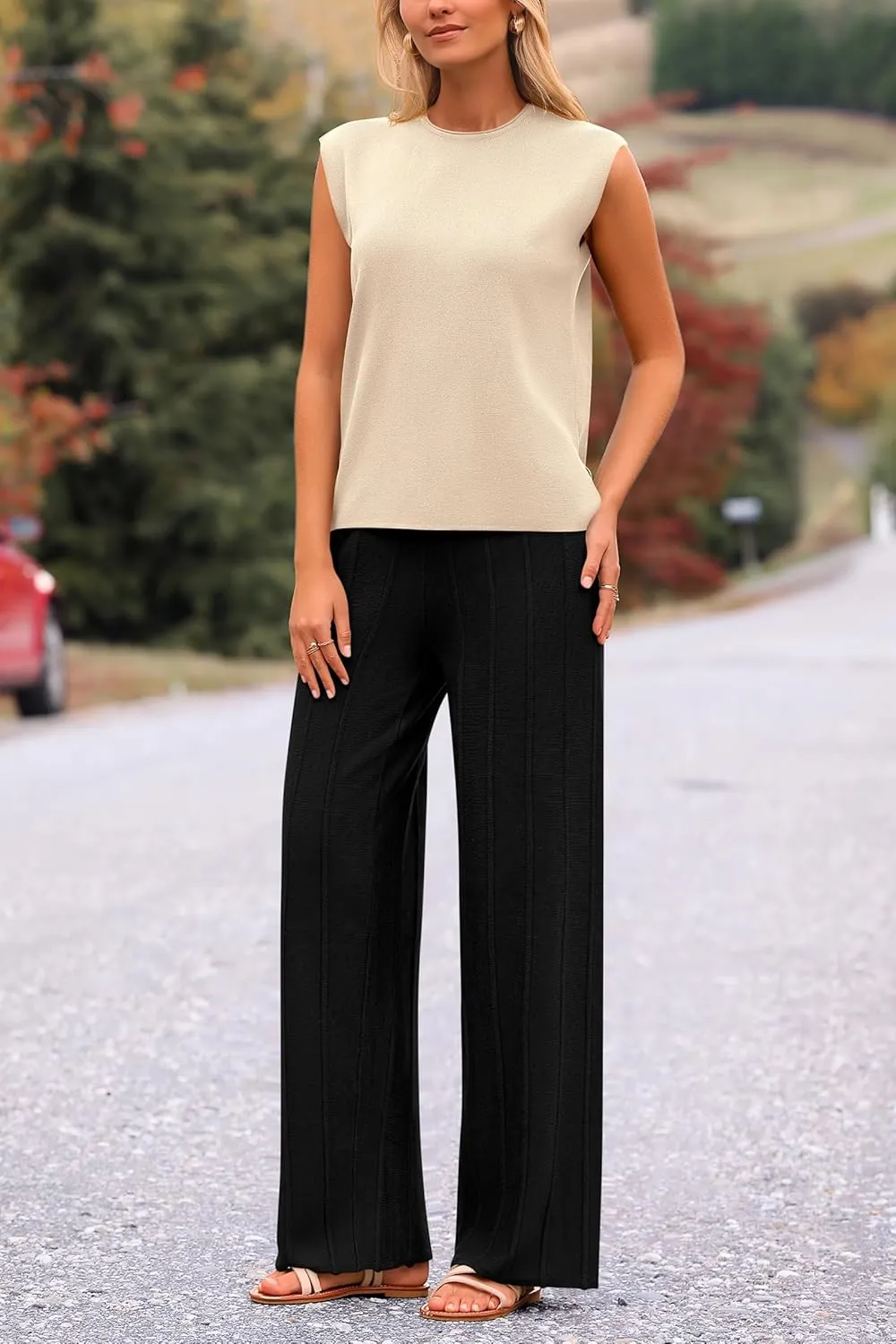 PRETTYGARDEN Women's 2 Piece Outfits Knit Loungewear High Low Pullover Tops and Wide Leg Pants Casual Sweater Sets Tracksuits