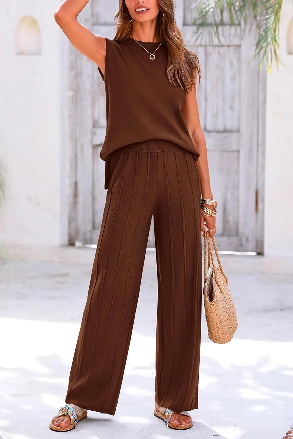 PRETTYGARDEN Women's 2 Piece Outfits Knit Loungewear High Low Pullover Tops and Wide Leg Pants Casual Sweater Sets Tracksuits
