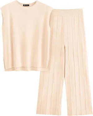 PRETTYGARDEN Women's 2 Piece Outfits Knit Loungewear High Low Pullover Tops and Wide Leg Pants Casual Sweater Sets Tracksuits