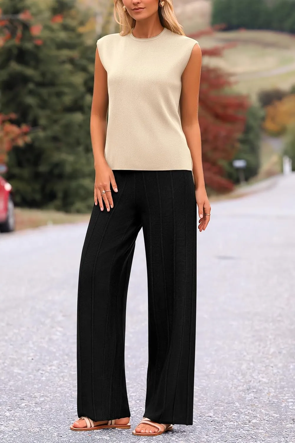 PRETTYGARDEN Women's 2 Piece Outfits Knit Loungewear High Low Pullover Tops and Wide Leg Pants Casual Sweater Sets Tracksuits