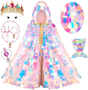 Princess Dress Up Cloak Princess Dress Up Clothes Mermaid Toys Rainbow Mermaid Princess Cloak Kit 9 Pcs Gift Set for Little Girls 3-8 Years Old, Great Gift Set for Birthday Christmas Halloween