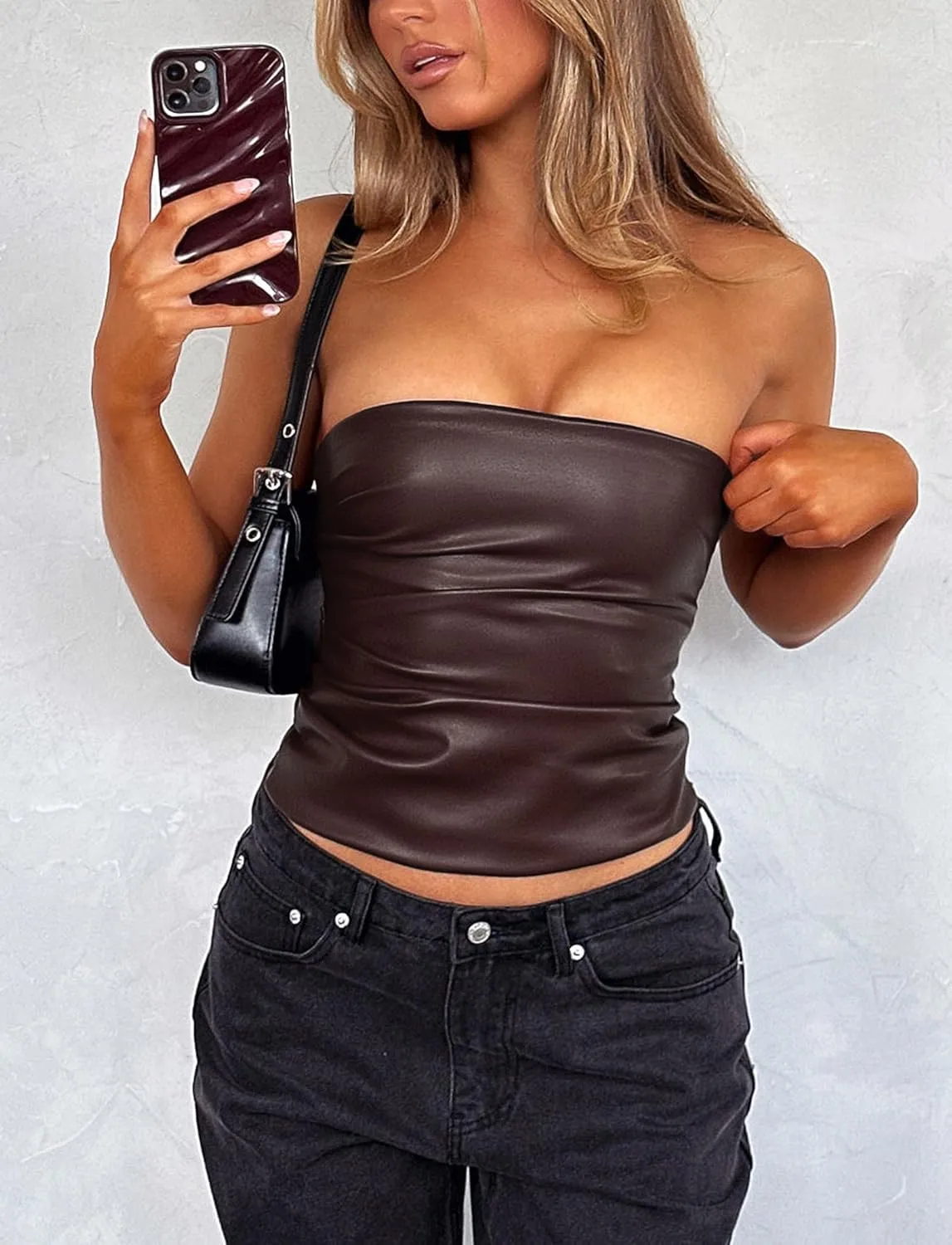 PU Faux Leather Tube Top Strapless Going Out Tops for Women Sexy Club Top Rave Concert Outfit Ruched Bandeau Crop Top