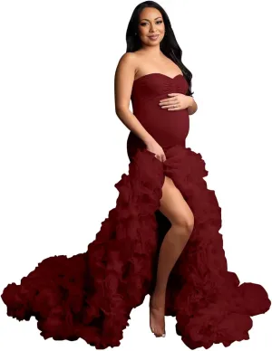 Puffy Tulle Maternity Dresses for Photoshoot Mermaid Strapless Pregnancy Gowns Ruffles Baby Shower Dress with Slit