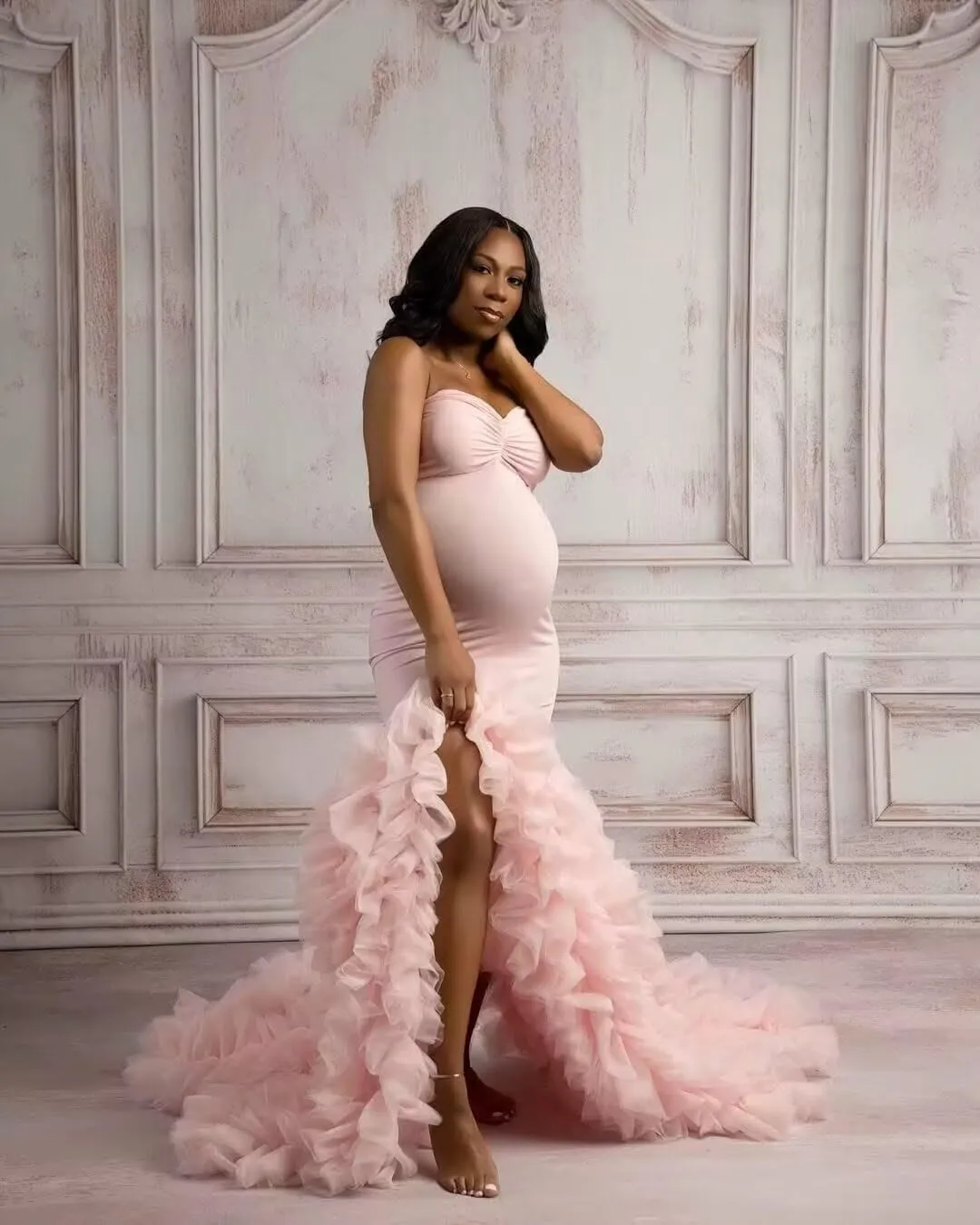 Puffy Tulle Maternity Dresses for Photoshoot Mermaid Strapless Pregnancy Gowns Ruffles Baby Shower Dress with Slit