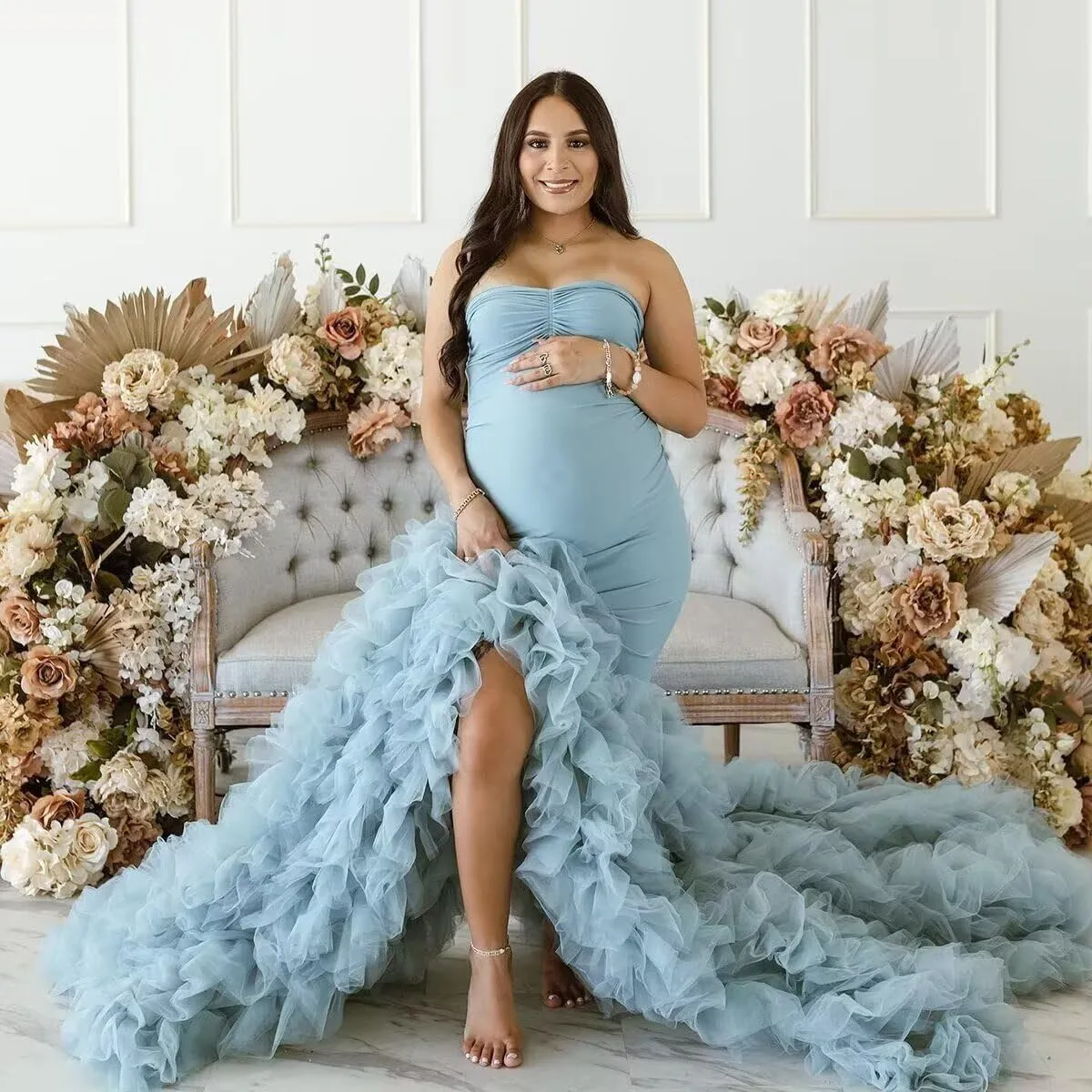 Puffy Tulle Maternity Dresses for Photoshoot Mermaid Strapless Pregnancy Gowns Ruffles Baby Shower Dress with Slit