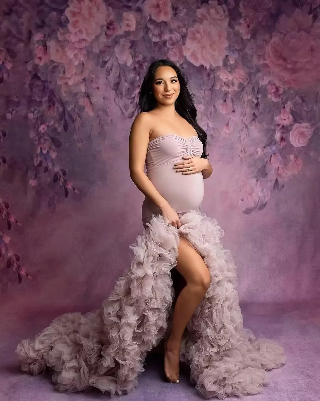 Puffy Tulle Maternity Dresses for Photoshoot Mermaid Strapless Pregnancy Gowns Ruffles Baby Shower Dress with Slit