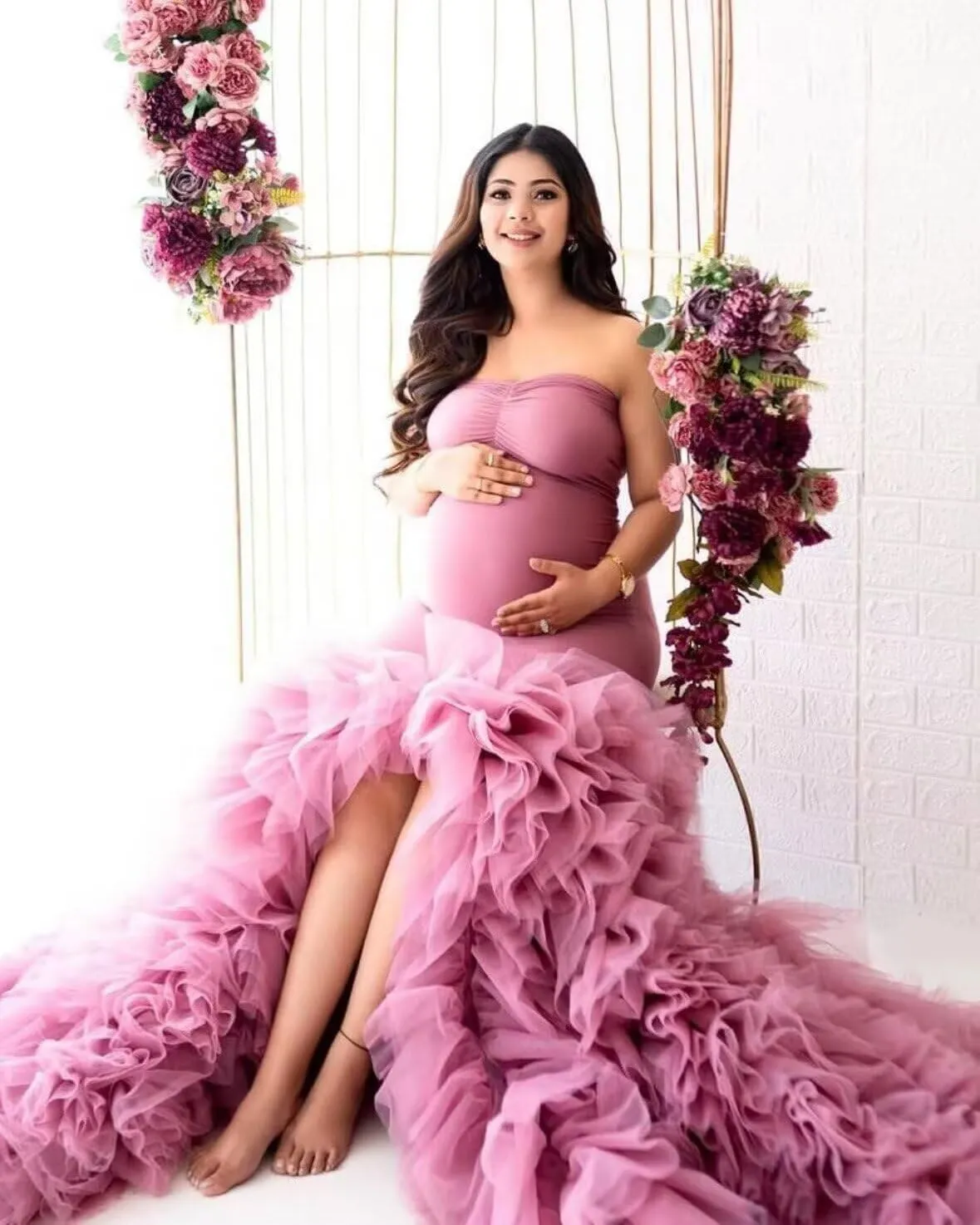 Puffy Tulle Maternity Dresses for Photoshoot Mermaid Strapless Pregnancy Gowns Ruffles Baby Shower Dress with Slit