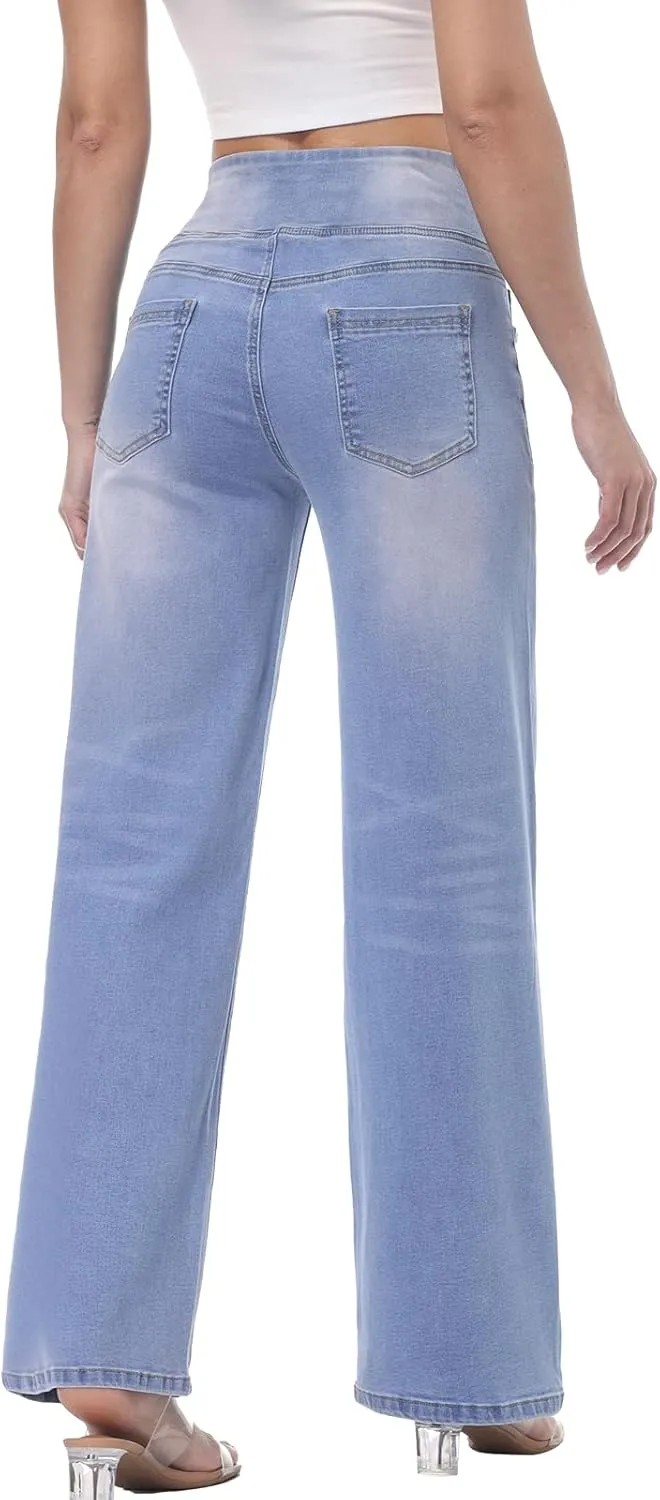 Pull on Wide Leg Jeans for Women, High Waisted Stretchy Baggy Trendy Tummy Control Straight Leg Jeans Denim Pants