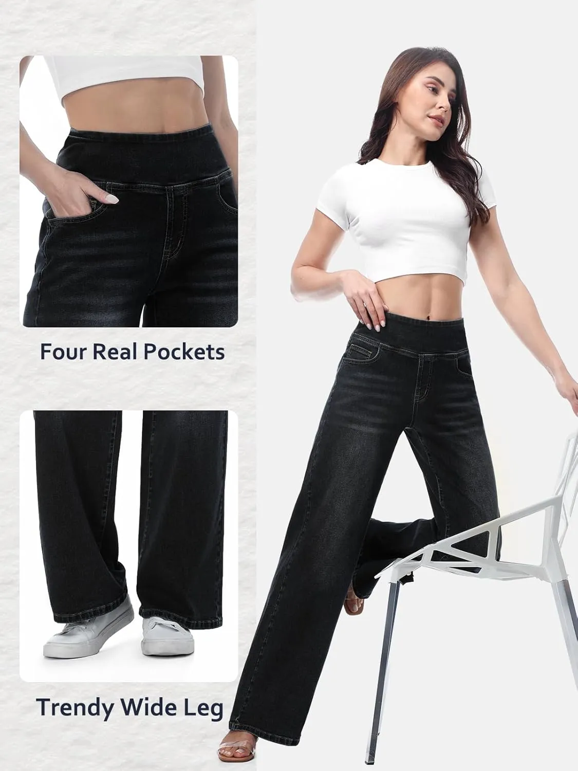 Pull on Wide Leg Jeans for Women, High Waisted Stretchy Baggy Trendy Tummy Control Straight Leg Jeans Denim Pants