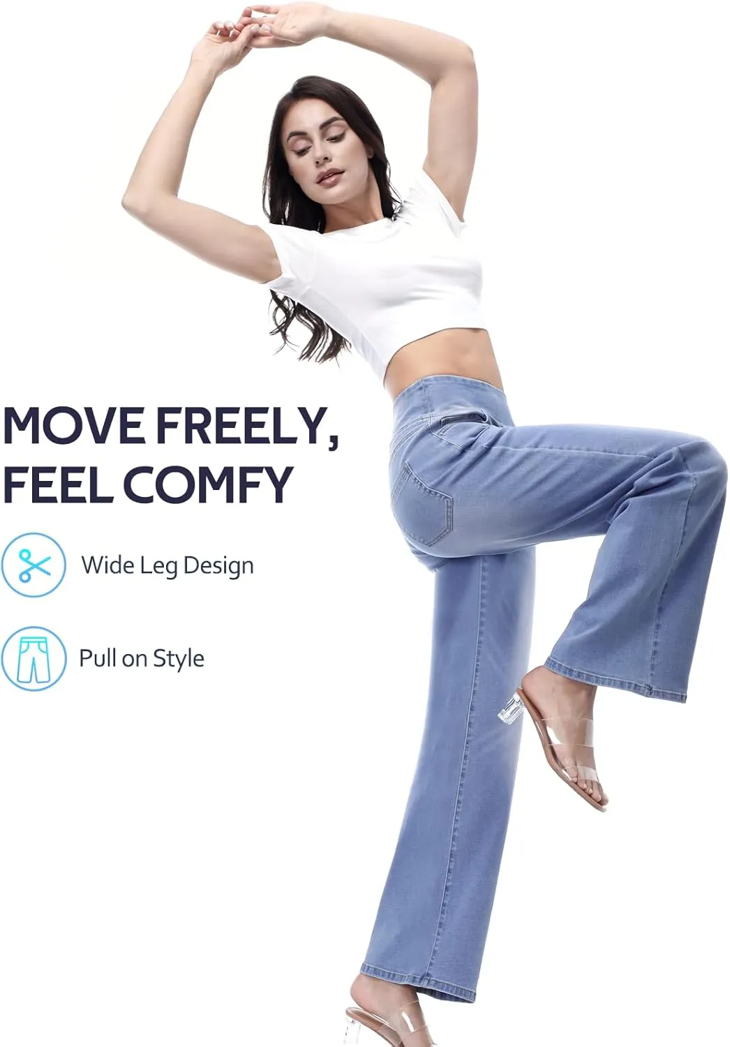 Pull on Wide Leg Jeans for Women, High Waisted Stretchy Baggy Trendy Tummy Control Straight Leg Jeans Denim Pants